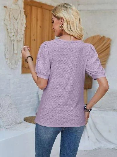 Eyelet Asymmetrical Neck Short Sleeve T-Shirt Women's T-Shirts - Tophatter Daily Deals